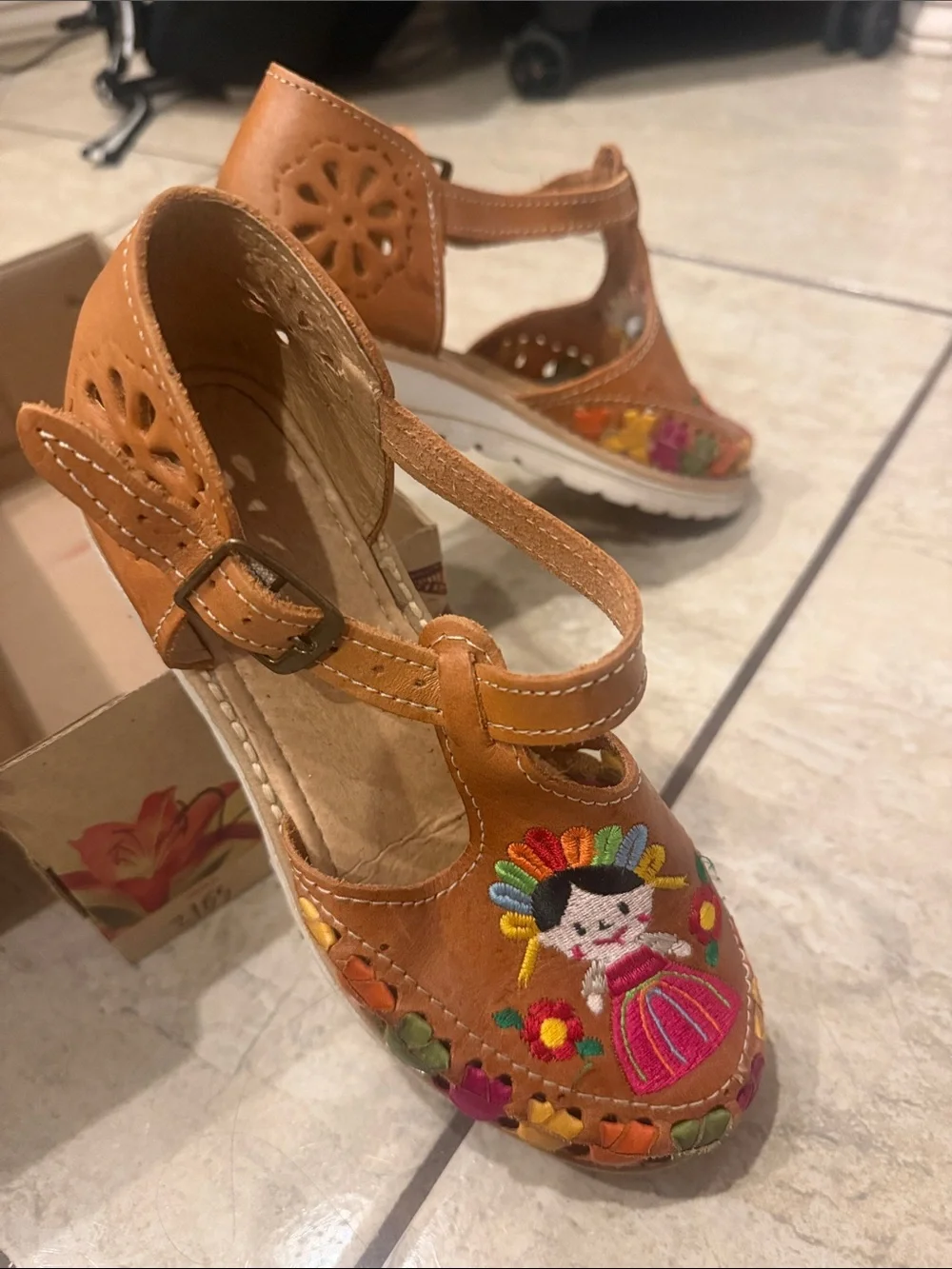 Girl Brown Embroidered Authentic Leather Mexican Shoes - Colorful Floral